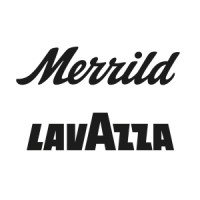 Hvid baggrund med sort logo, der står 'merrild lavazza'.